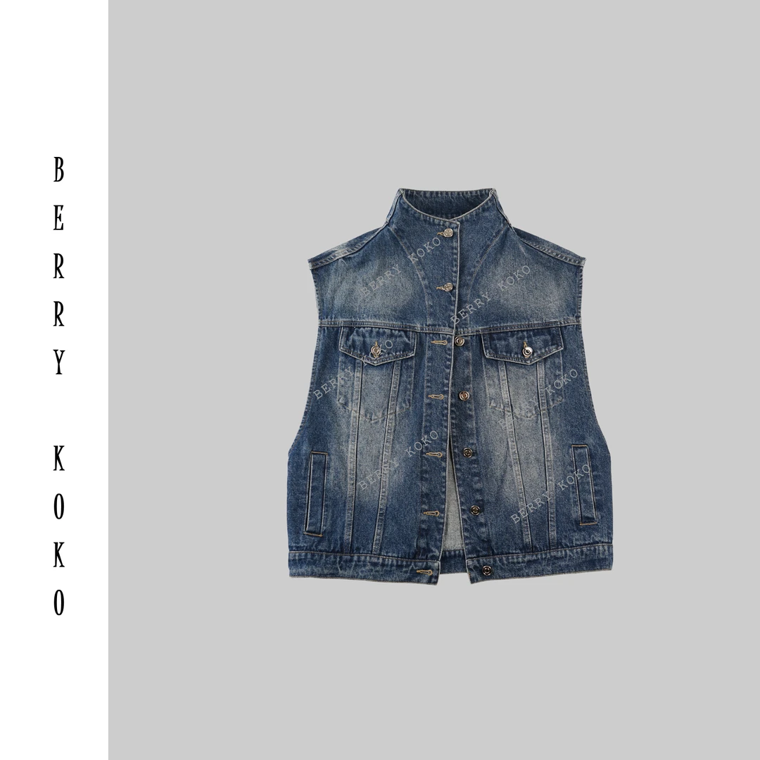 【MISSKO】早秋款立领复古百搭显瘦牛仔马甲宽松纯欲牛仔马甲女J05