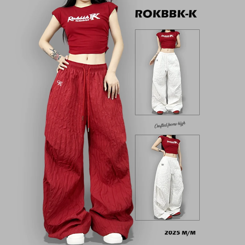 ROKBBK-K布韩街舞潮牌夏季新款肌理休闲裤慵懒风显瘦阔腿直筒
