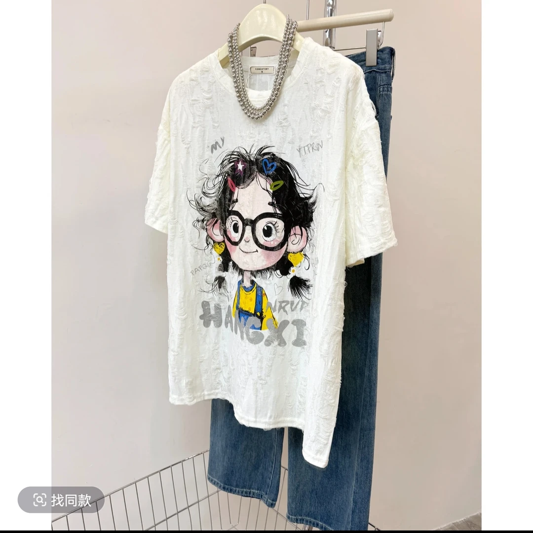 韩版减龄数码印花可爱卡通女孩T恤女小个子中长款2025年夏季宽松