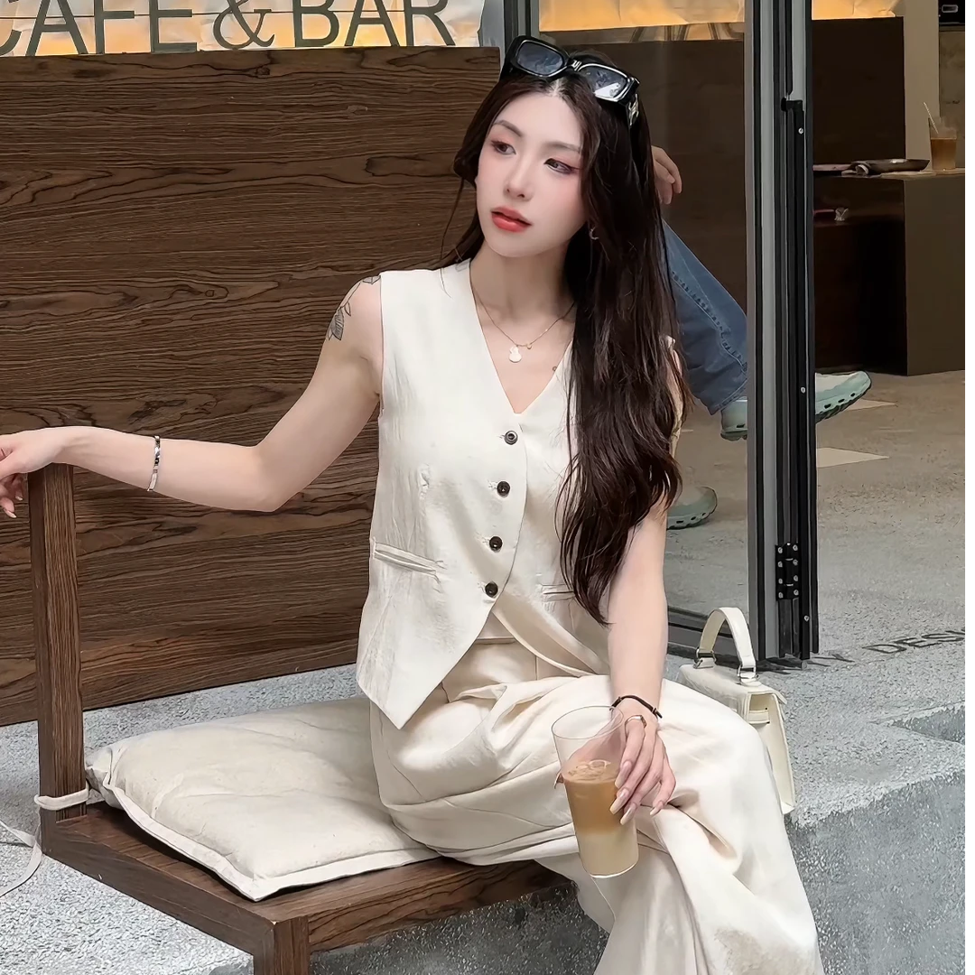 老钱风（含亚麻）薄款气质马甲阔腿裤套装