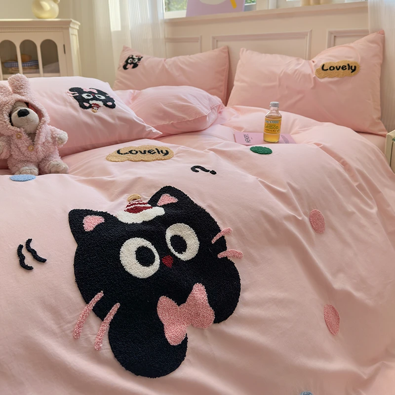 ins纯棉水洗棉四件套2025新款全棉被套可爱学生宿舍床单人三件套