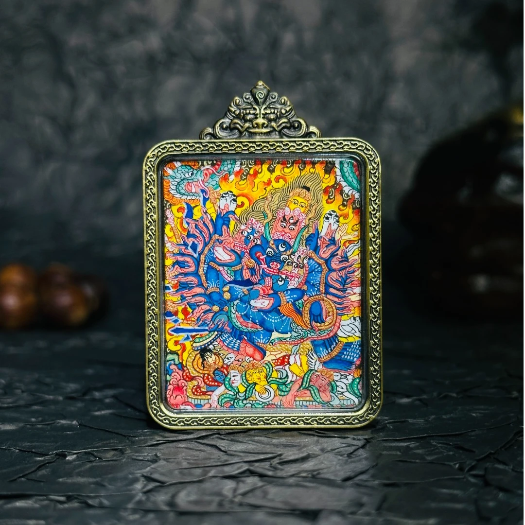 西藏真品纯手绘唐卡吊坠大威德金刚钛钢材质纯手工编织绳男女同款