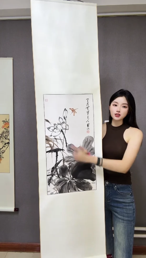 国画装裱手工卷轴《墨荷》手绘国画