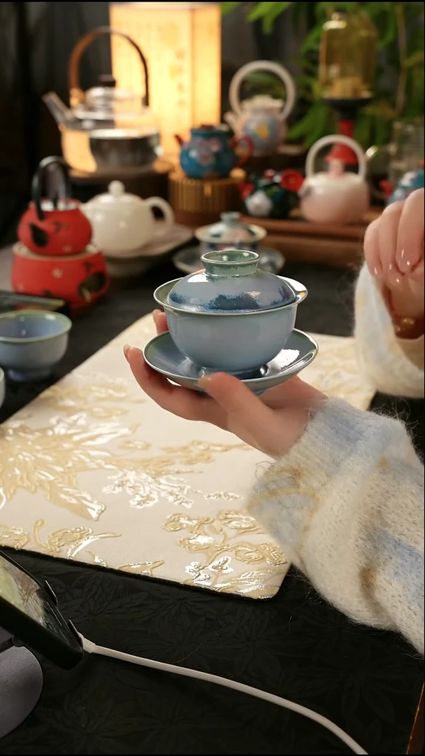 青云茶斋陶瓷茶具楚门窑变蓝三才盖碗