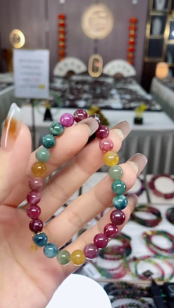 老矿油画碧玺色标单圈手串7mm+未镶嵌碧玺dan多样性发货一条