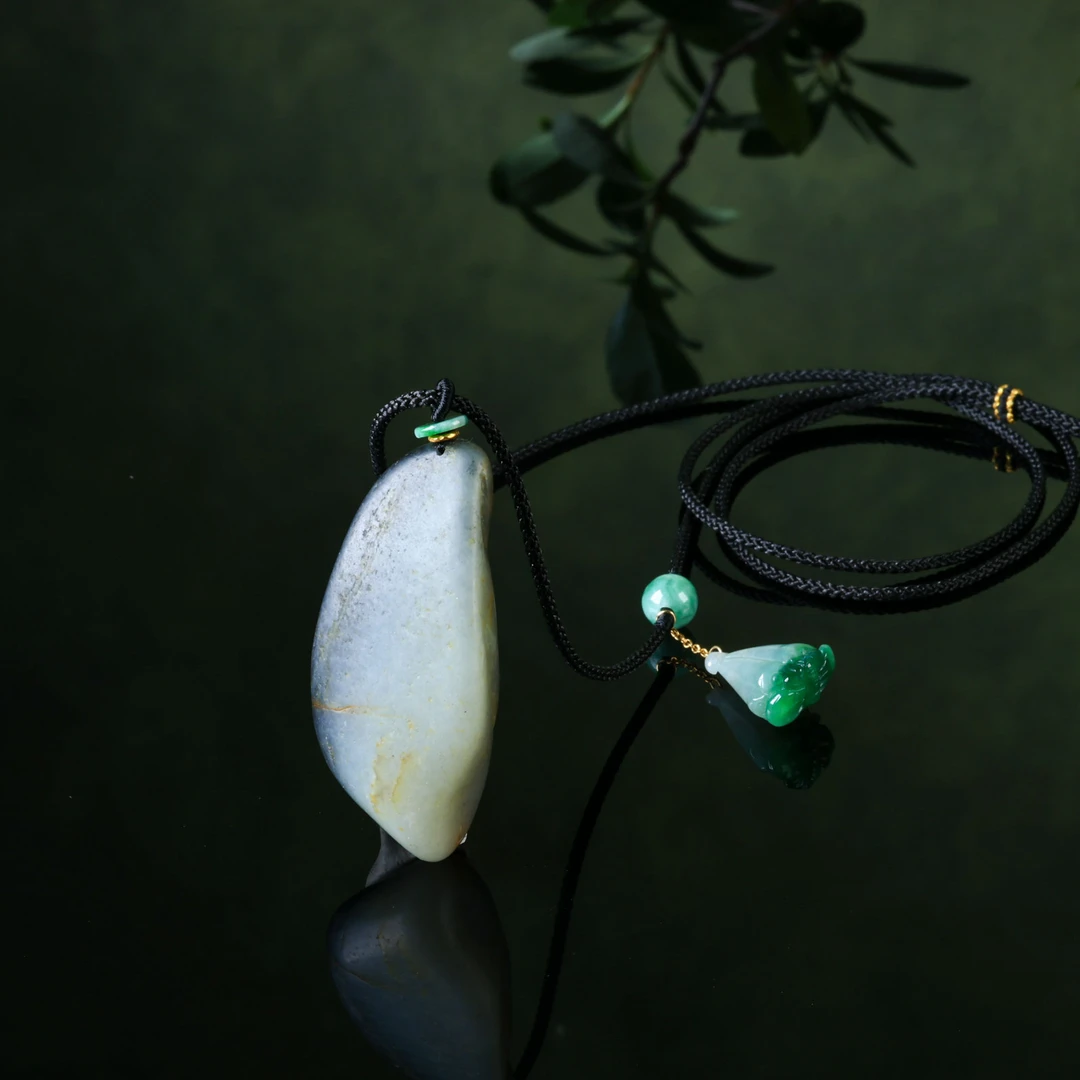 【意婵】《无形》“大超值”18K金和田玉原皮籽项链意境料缅A翡翠917337