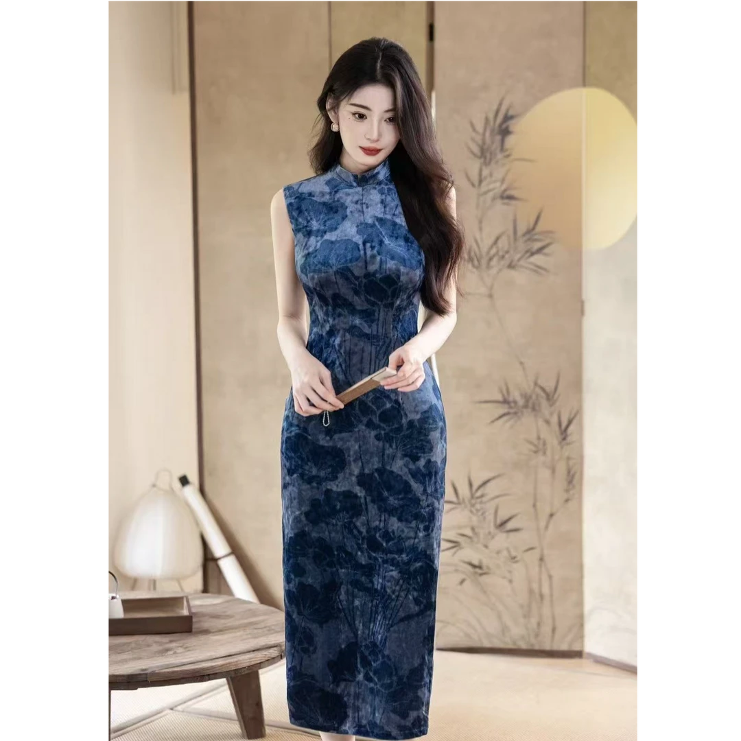【采荷】绫曦秋季新款钻石绒单层旗袍复古气质优雅显瘦旗袍裙