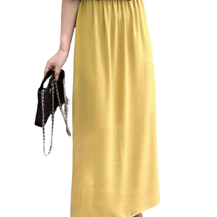 夏季百搭松紧腰后开叉半身裙