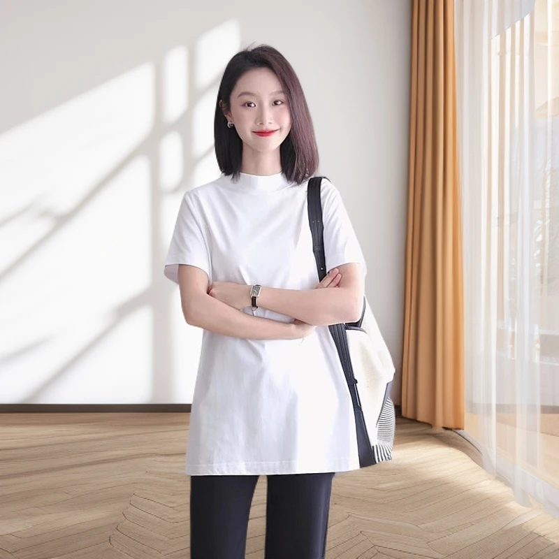 遮PP中长款半高领正肩短袖!纯棉女T恤后中线设计通勤显瘦夏季上衣