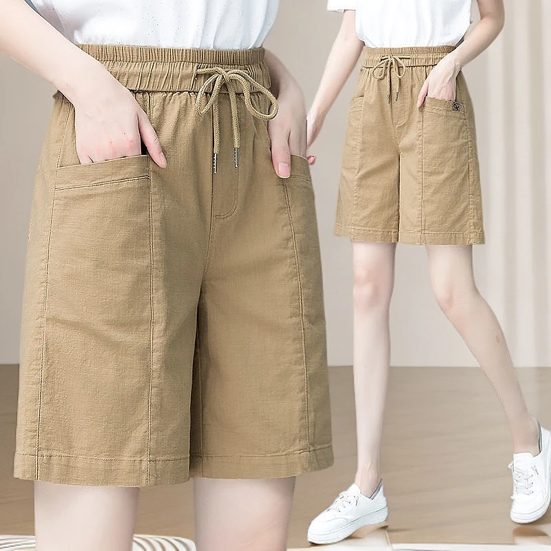 纯棉女新款显瘦潮女裤大码松紧腰五分裤高腰阔腿短裤夏季哈伦宽松
