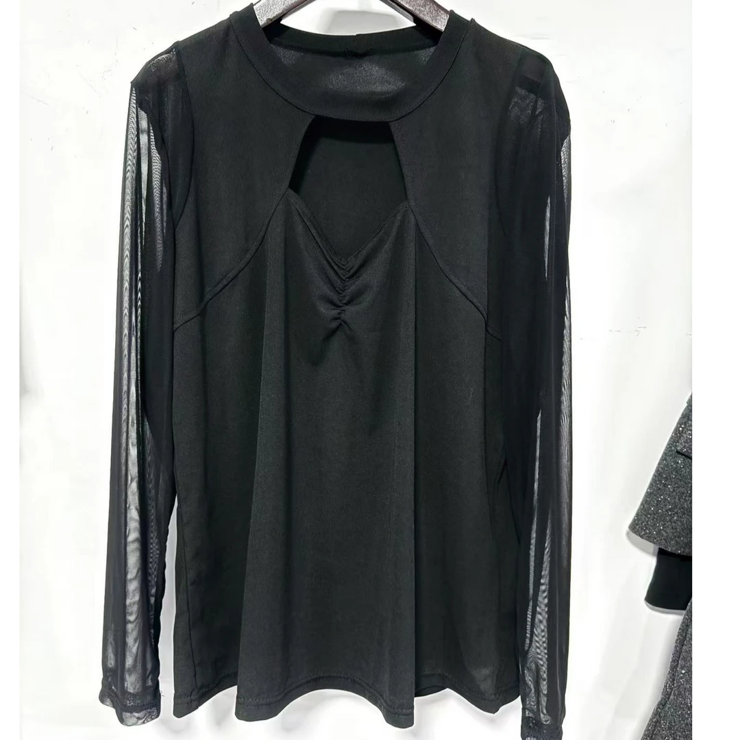 圆领修身型大码T恤拼接通勤风常规款常规打底蕾丝打底性感女人