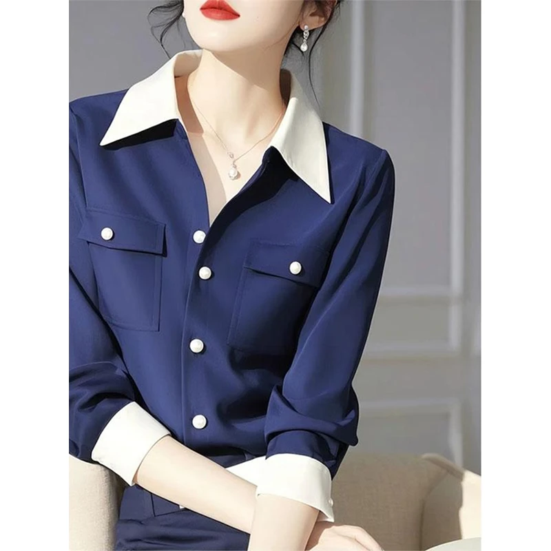 春装法式高级感轻奢减龄洋气小衫超好看独特漂亮蓝色polo领衬衫女