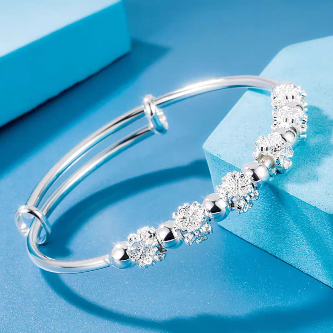 时尚绽放樱花情缘转动珠手镯推拉开口手镯足银999-A003