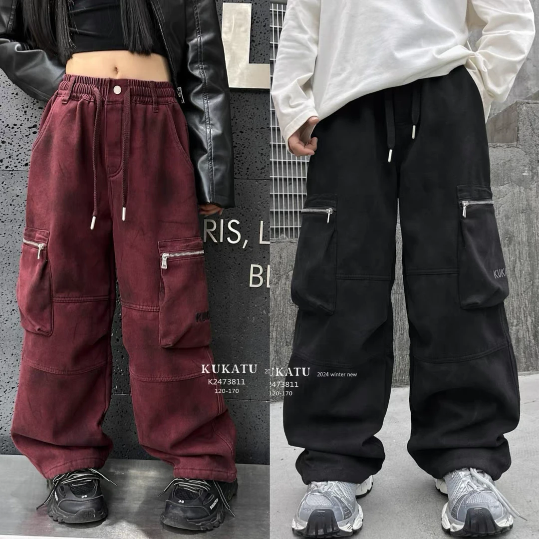 《丁丁优选》男女中大童一体绒工装阔腿裤3811