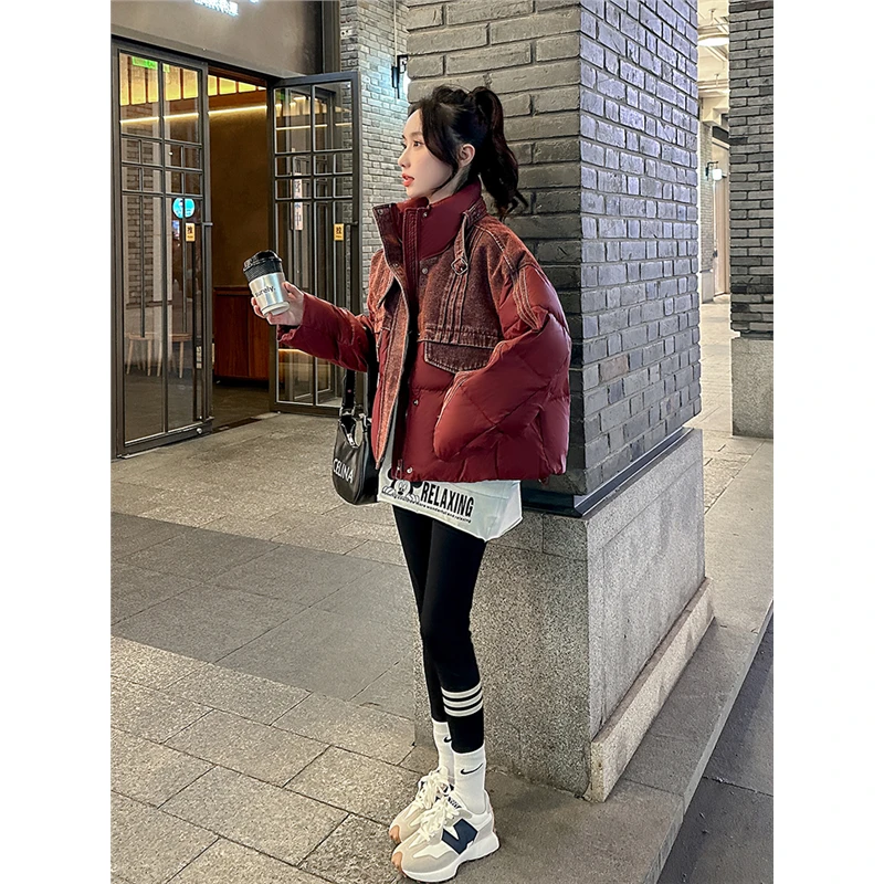 立领短款羽绒服女小个子2025冬季新款时尚牛仔拼接加厚面包服外套