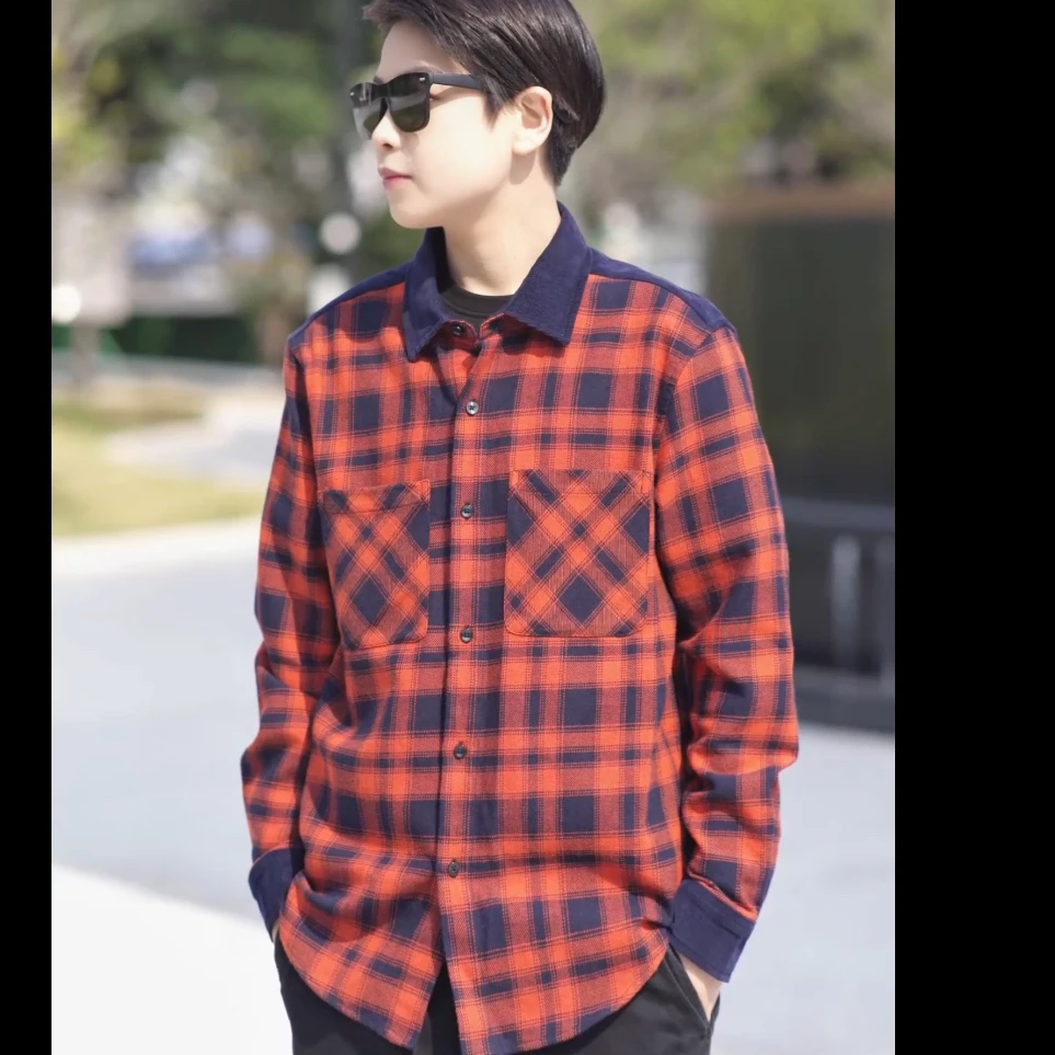 2025春季新款格子拼接灯芯绒衬衫男士长袖休闲复古水洗春夏翻领