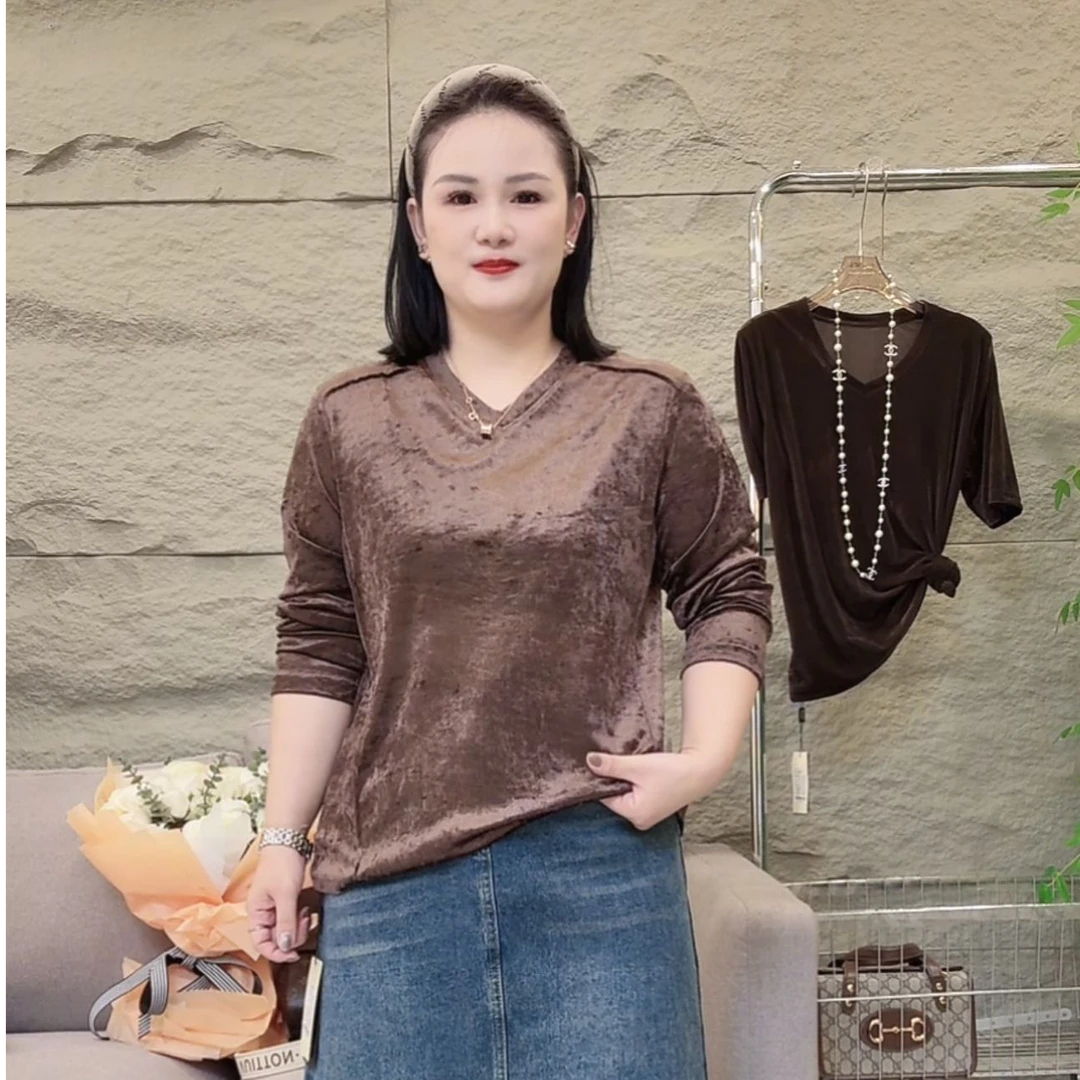 【冰花弹力丝绒】8272时尚百搭显瘦V领丝绒微胖大码女装长袖T恤女