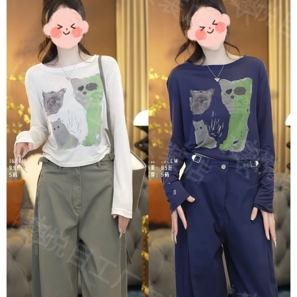 韩版【防晒猫咪】卡通小猫薄款防晒T恤+复古工装弯刀裤女2025夏新款