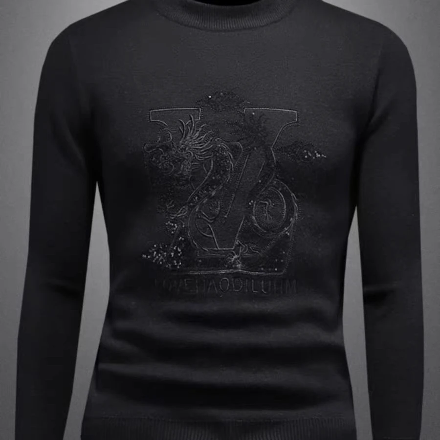 5030冬季圆领毛衣针织衫潮流男士时尚修身长袖加厚打底衫印花