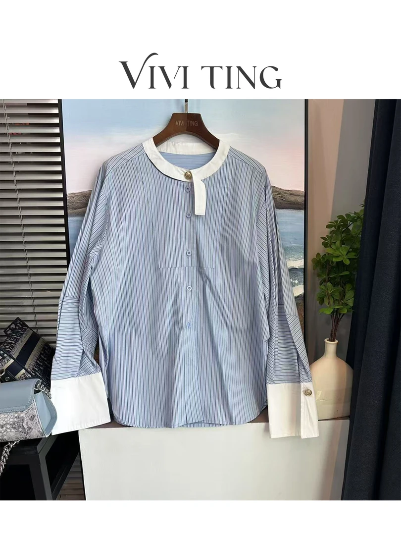 【VIVI·TING】婷姐推荐时尚设计款撞色领金扣单排扣竖条纹衬衫s143