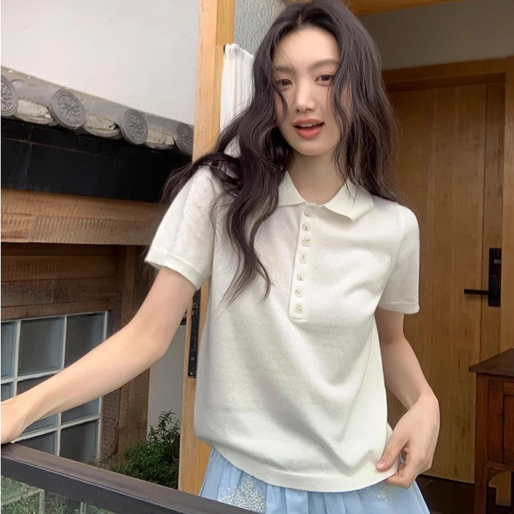 高端货~复古polo领短袖针织衫女夏季简约休闲短款上衣