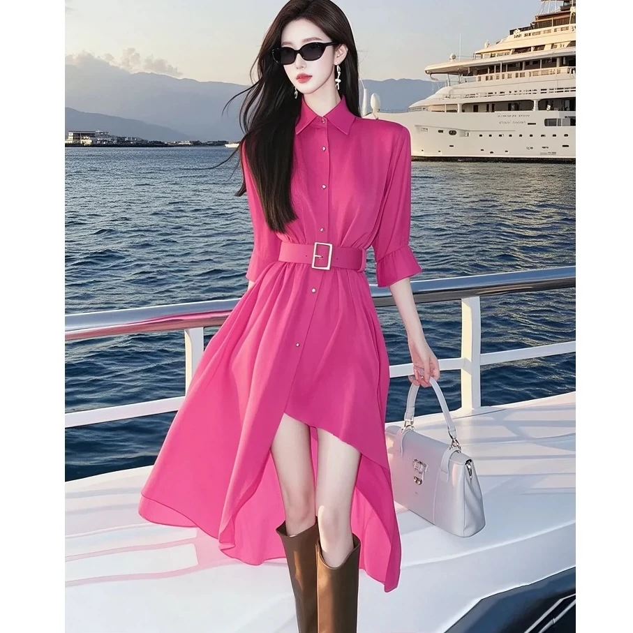 2025春季新款多巴胺绝美小裙法式气质独特超好看玫红色衬衫连衣裙