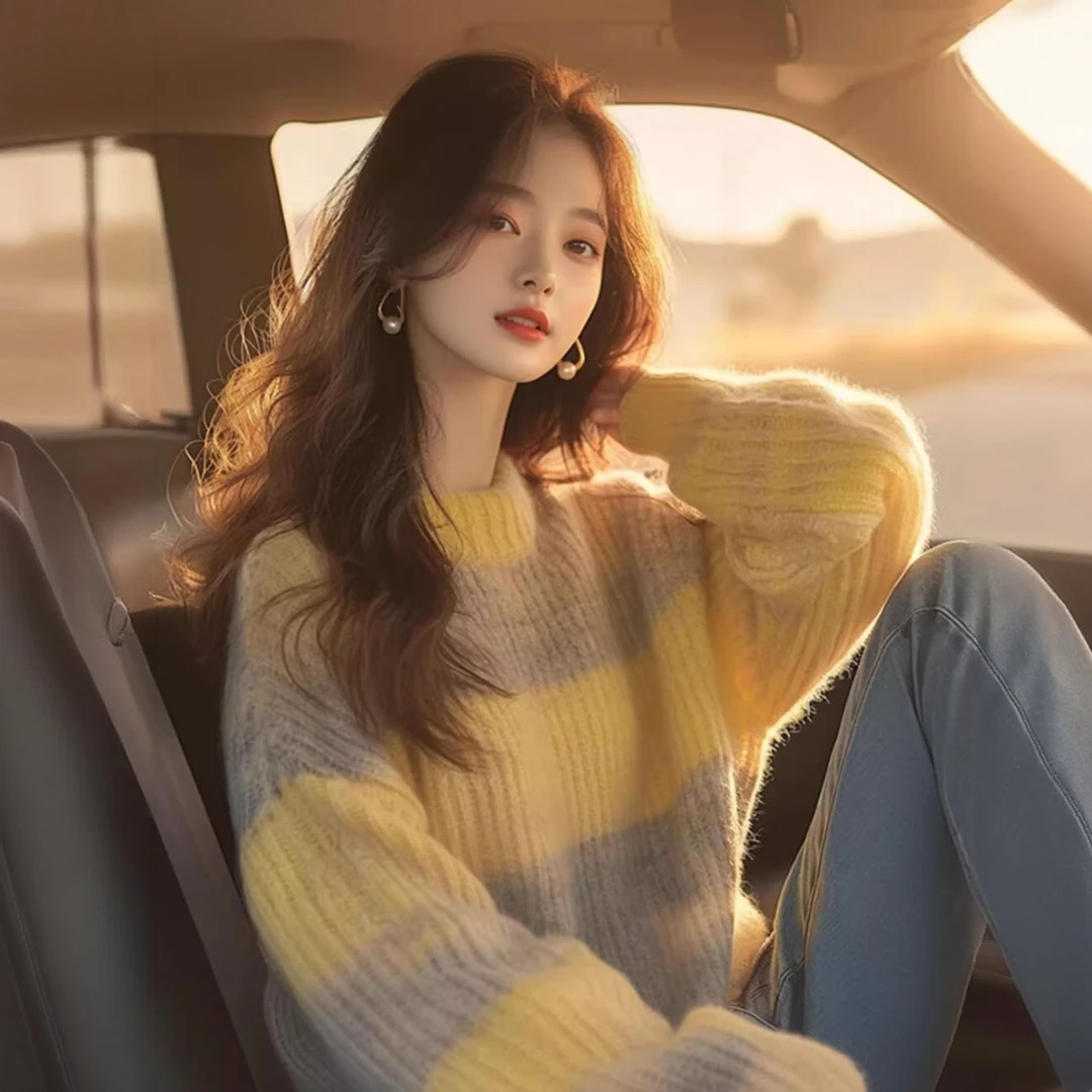 韩系穿搭黄色条纹软糯复古慵懒风毛衣女秋冬季新款宽松百搭针织衫