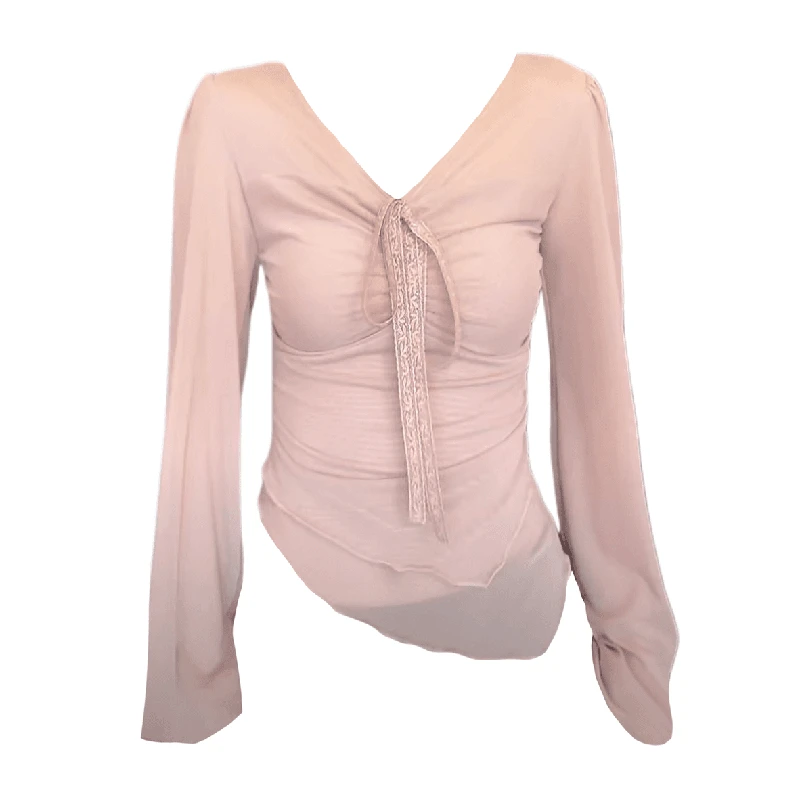 美式性感辣妹绑带褶皱t恤2025秋季修身显瘦性感百搭气质洋气上衣