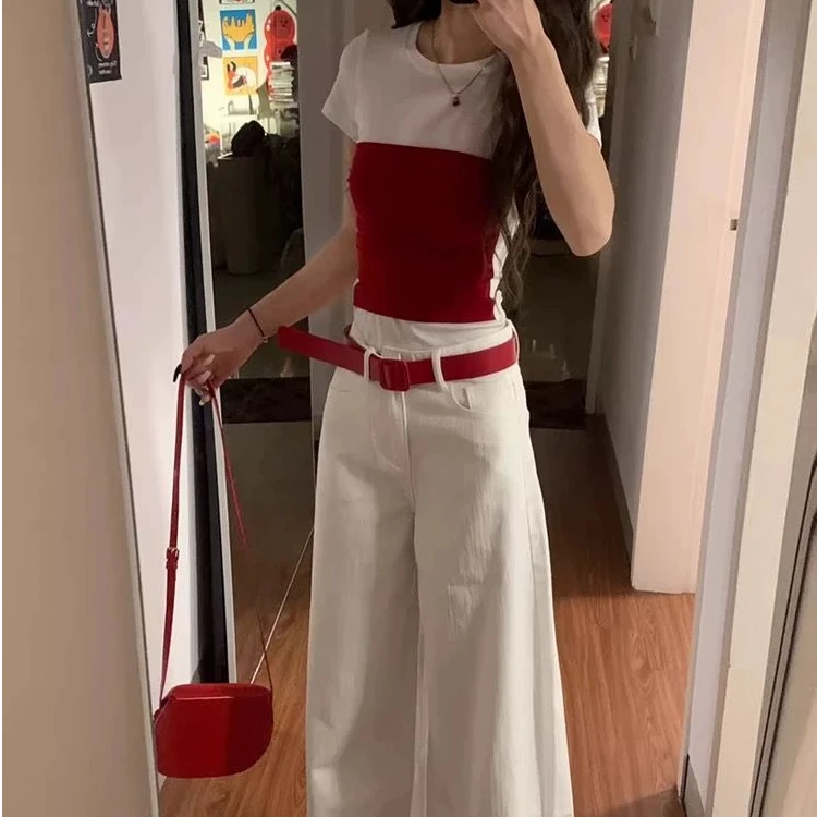 时尚短袖显瘦拼接拼色气质修身型撞色圆领短款T恤白色假两件上衣