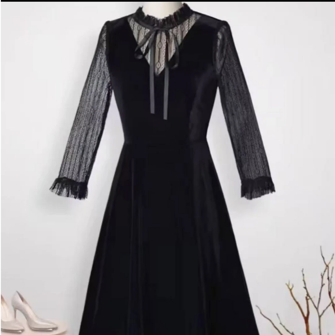 （以直播间为准）小香风金丝绒蕾丝打底A字裙