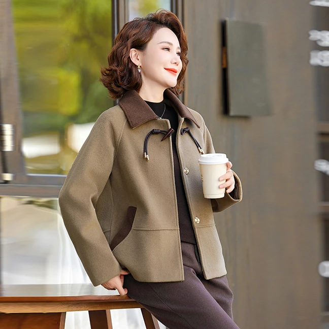 妈妈春装外套气质小个子洋气短款毛呢外套