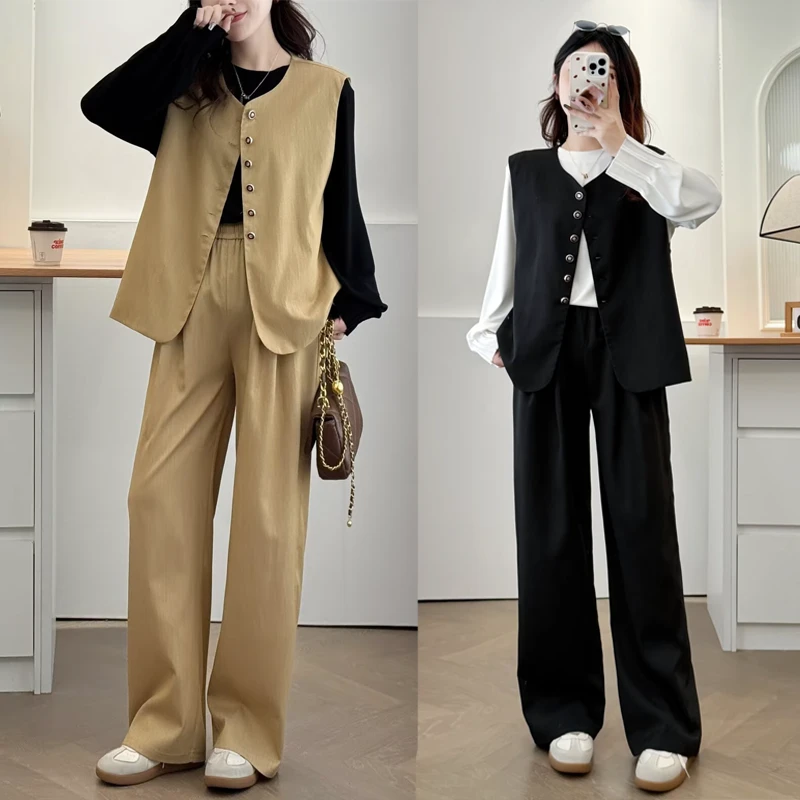 大码女装春季新款洋气显瘦套装西装直筒裤时尚休闲马甲两件套-023