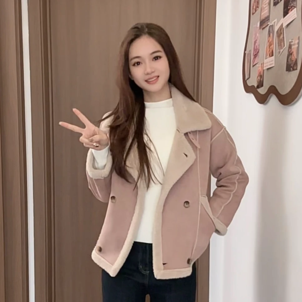 韩版小个子百搭时尚秋冬仿皮毛一体外套女冬季机车加厚短款棉服