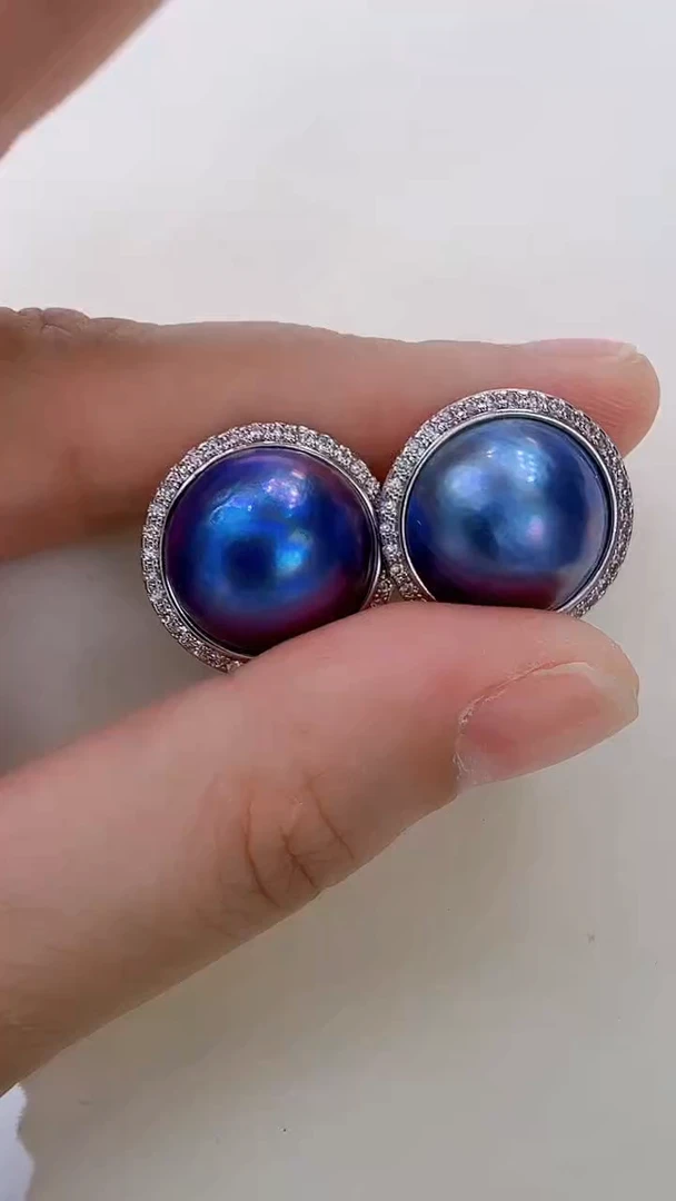 耳饰拼合珍珠（马贝珠）未镶嵌太阳花蓝色