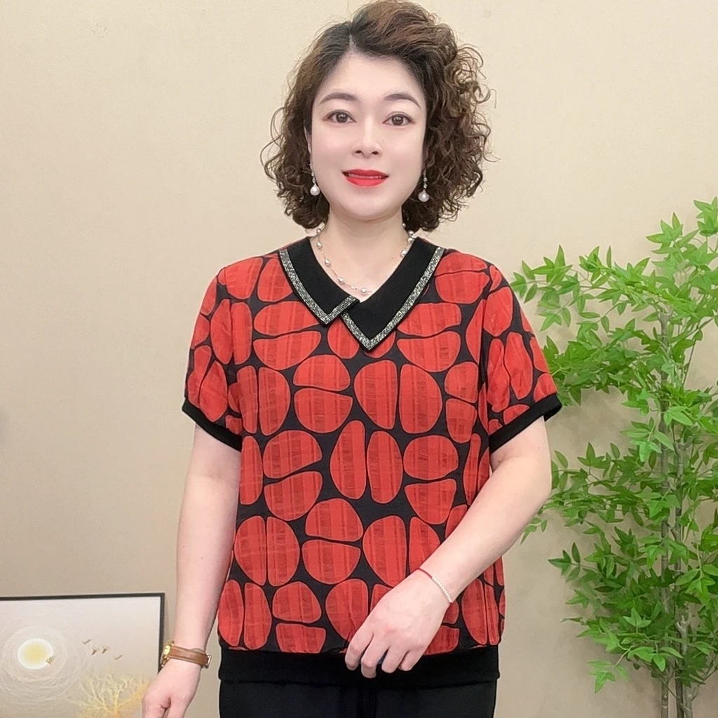 短袖夏季薄款妈妈装娃娃领气质显瘦洋气时尚百搭上衣小衫宽松烫钻