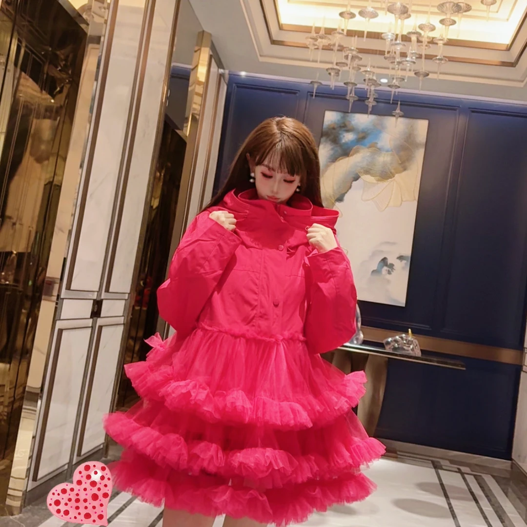 0050【熙妮潮牌】潮牌设计师私人定制夹克冲锋衣连帽外套拼纱裙甜美