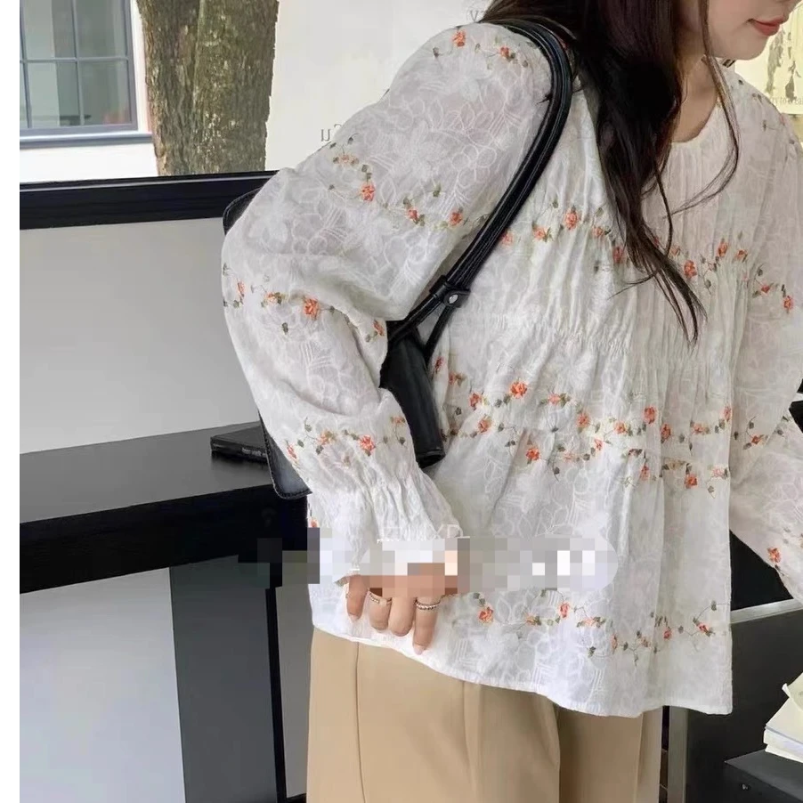 春夏甜美花朵刺绣V领长袖衬衫女韩版宽松减龄清新纯棉温柔上衣仙