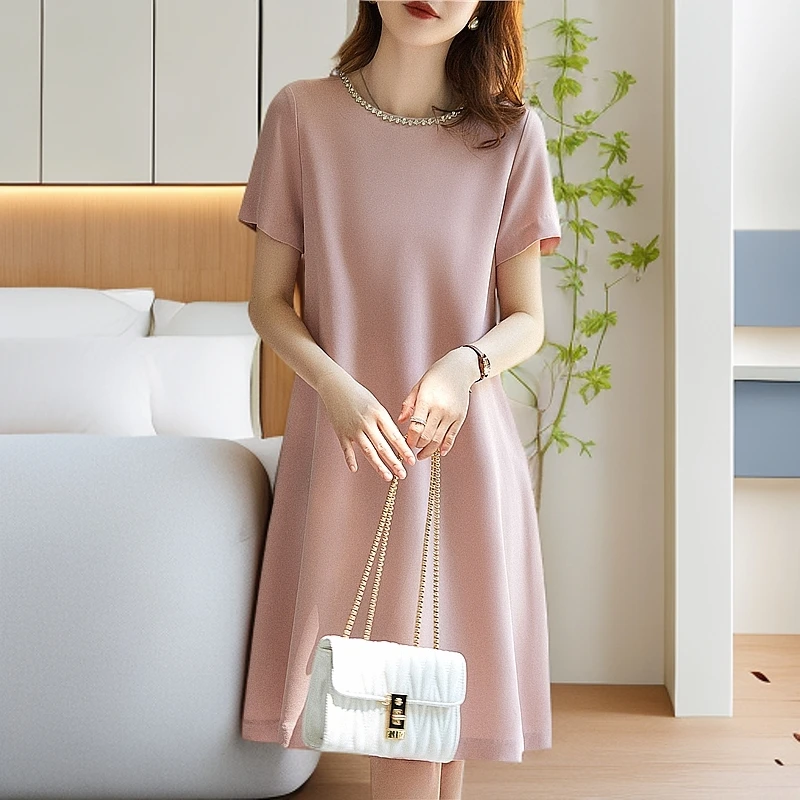 a字裙时尚显瘦连衣裙女2025夏装中长款醋酸短袖简约百搭法式气质