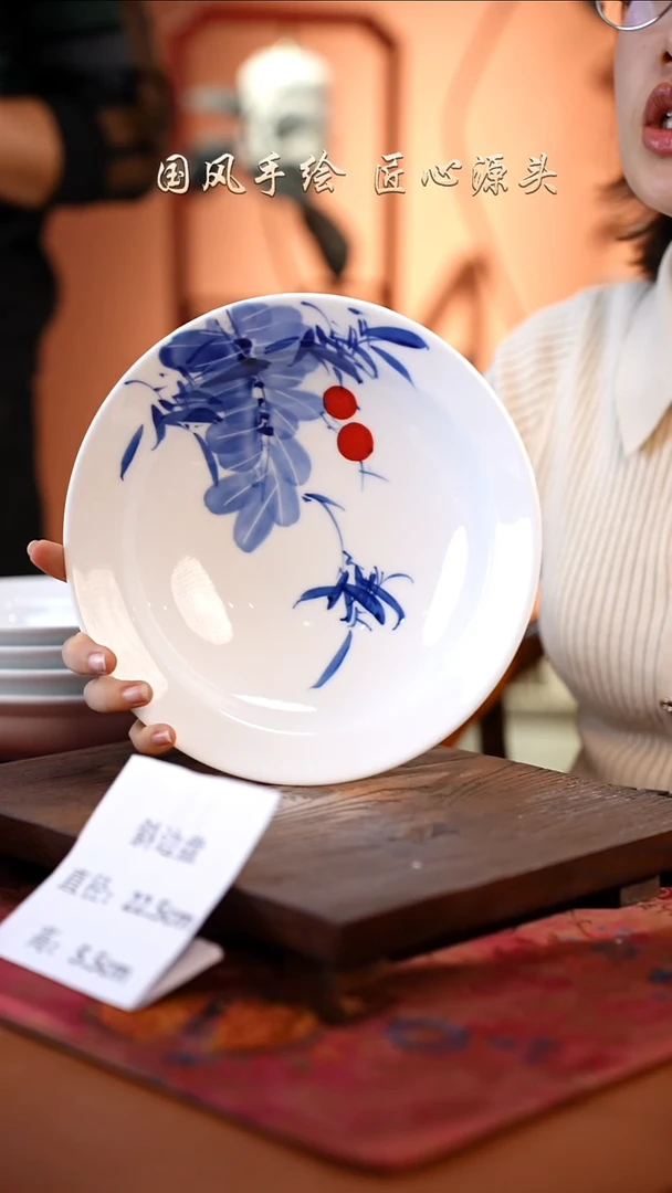 陶瓷景德镇釉中彩餐具斜边盘直径22.5高5.5