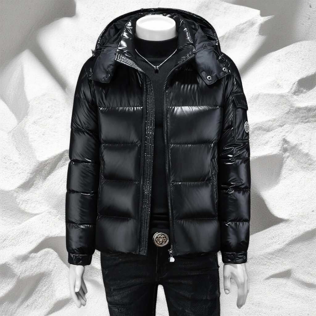 宾斯洛特亮面羽绒服男防风保暖冬装时尚潮牌大码白鸭绒连帽外套潮