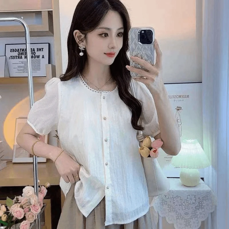 衬衫女爆款时尚短减龄圆领薄款白色衬衣开衫减龄百搭上衣潮