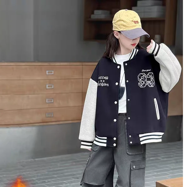 儿童外套秋冬款2025新款洋气男童女童拼色刺绣棒球服儿童韩系上衣