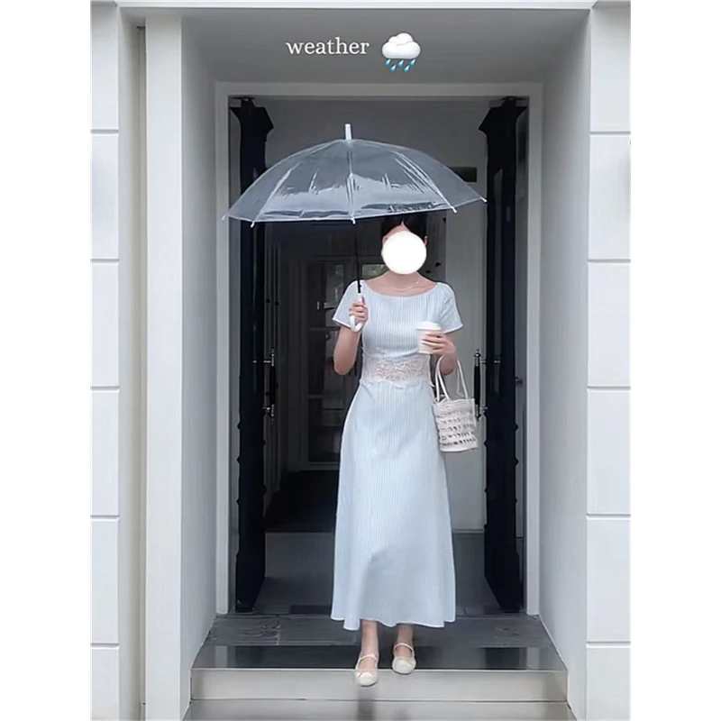 2025夏季新款法式立体蓝白条纹腰部花朵镂空蕾丝花朵连衣裙长裙女