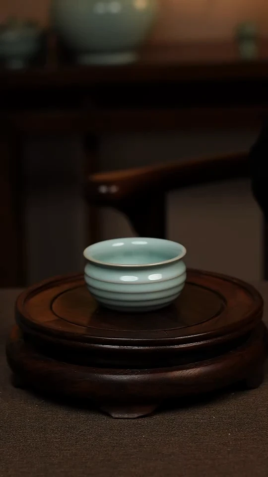 瓷片天青色全手工玹纹杯80ml微瑕不带礼盒