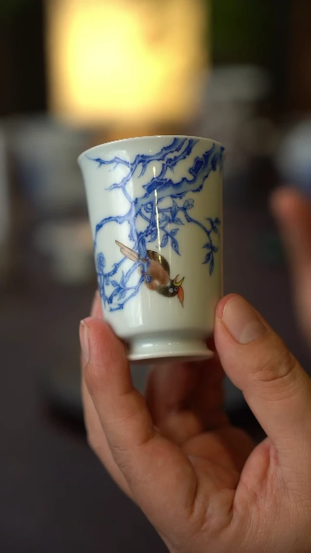 景德镇全手工手绘斗彩翠鸟铃铛杯