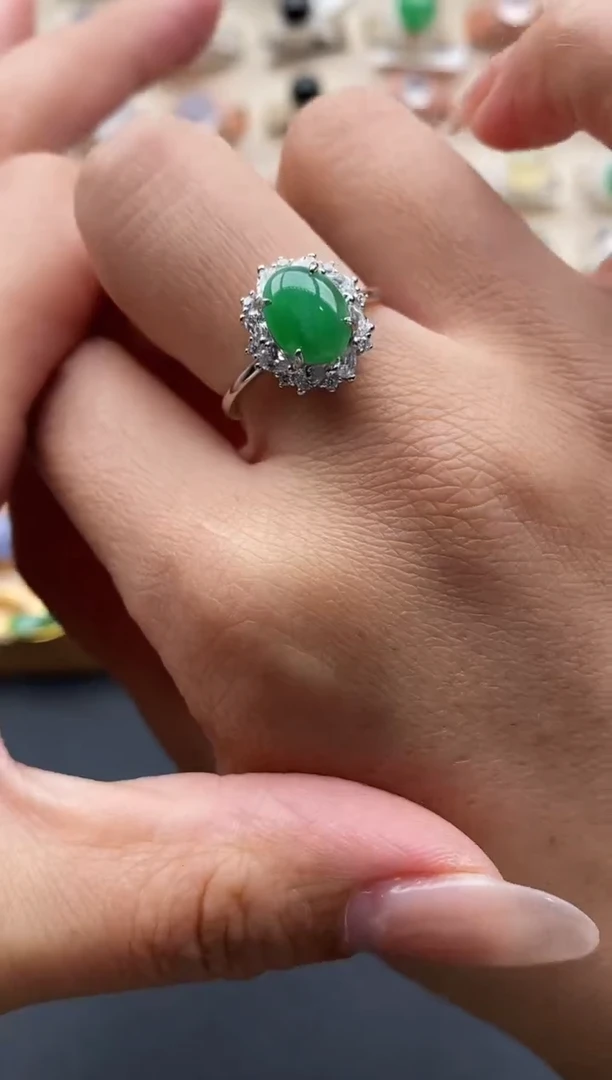 银S925镶嵌戒指翡翠缅甸天然A货翡翠2  4-
