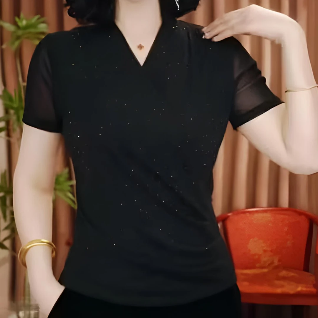 新款交叉领烫钻洋气百搭气质短袖小衫网纱显瘦女士打底衫