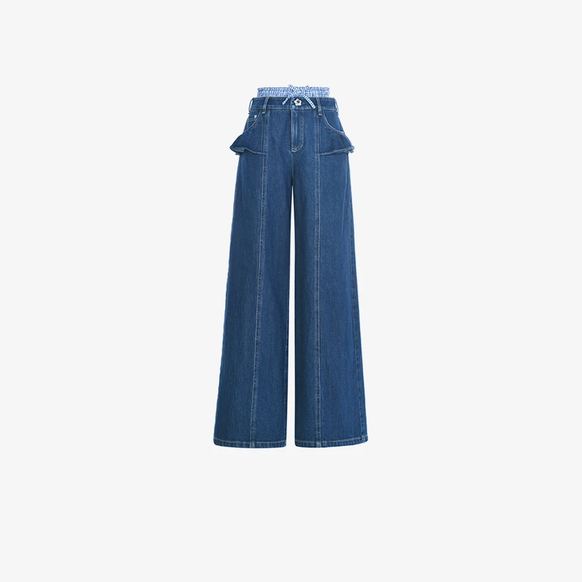 【牛仔裤】25秋季新款格子腰头水洗直筒牛仔长裤休闲裤Z7189