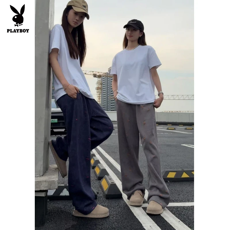 花花公子早秋新款长裤美式撞色休闲男裤宽松直筒裤男款重磅卫裤