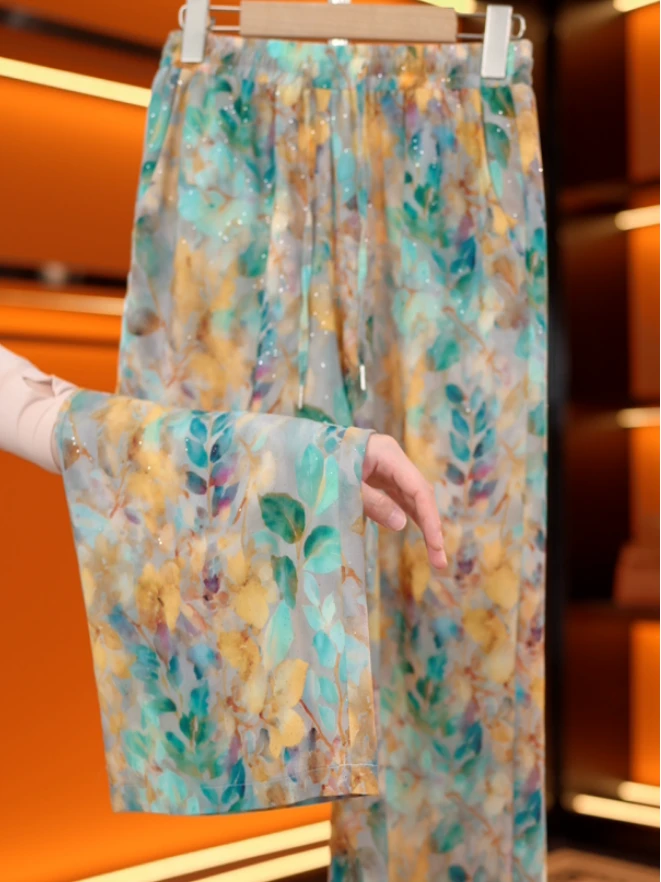 【3D烫花工艺】四季青2025新款高腰垂直冰丝凉感透气阔腿裤C083艾青